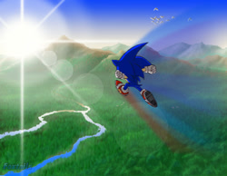 Size: 900x700 | Tagged: safe, artist:foxtails, sonic the hedgehog, bird, hedgehog, 2005, abstract background, back view, clenched fists, gloves, jumping, literal animal, male, modern sonic, mountain, outdoors, river, shoes, socks, solo, sun, tree