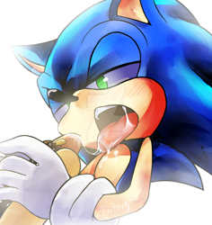 Size: 800x848 | Tagged: suggestive, artist:baitong9194, sonic the hedgehog, hedgehog, 2013, chili dog, deviantart watermark, food, gloves, holding something, lidded eyes, looking at something, male, saliva, simple background, solo, standing, suggestive eating, tongue out, white background