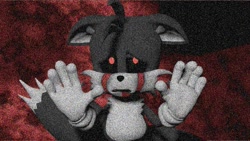 Size: 1323x748 | Tagged: semi-grimdark, artist:rachidile, miles "tails" prower, oc, oc:tails.exe, fox, 2013, 3d, black sclera, bleeding from eyes, bleeding from mouth, blood, floppy ears, gloves, glowing eyes, hands on screen, looking at viewer, male, red eyes, solo, standing, static