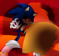 Size: 2065x1929 | Tagged: semi-grimdark, artist:risziarts, miles "tails" prower, sonic the hedgehog, oc, oc:sonic.exe, fox, hedgehog, 2018, abstract background, black sclera, bleeding from eyes, blood, blood stain, clenched teeth, duo, evil grin, floppy ears, glowing eyes, lidded eyes, looking at them, male, males only, red eyes, standing