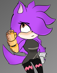 Size: 561x720 | Tagged: safe, artist:msbubblewow101, oc, oc:asuna the wolf, wolf, 2018, amputee, clenched fists, cyborg, eyelashes, female, fingerless gloves, frown, gloves, grey background, hair over one eye, hand on hip, long hair, looking up, pants, purple fur, simple background, sleeveless shirt, solo, standing