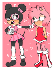 Size: 768x1024 | Tagged: safe, artist:msbubblewow101, amy rose, hedgehog, mouse, 2018, abstract background, blushing, boots, border, bow, crossover, dress, duo, female, females only, glasses, gloves, hands behind back, holding something, looking at each other, minnie mouse, mobianified, mouth open, pout, shoes, socks, standing