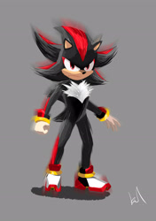 Size: 2039x2894 | Tagged: safe, artist:kokotsu, shadow the hedgehog, hedgehog, 2019, chest fluff, frown, gloves, grey background, looking at viewer, male, movie style, red eyes, shoes, signature, simple background, solo, standing