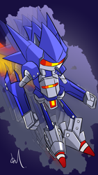 Size: 1080x1920 | Tagged: safe, artist:kokotsu, mecha sonic, 2019, abstract background, clenched fists, fire, flying, genderless, looking down, robot, signature, solo