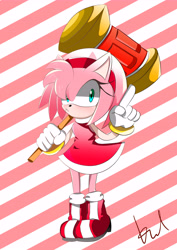 Size: 6071x8598 | Tagged: safe, artist:kokotsu, amy rose, hedgehog, 2017, abstract background, boots, eyelashes, female, gloves, holding something, looking at viewer, modern amy, piko piko hammer, pointing, pout, signature, solo, striped background