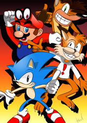 Size: 2480x3508 | Tagged: safe, artist:kokotsu, sonic the hedgehog, hedgehog, human, 2017, bandicoot, bobcat, bubsy bobcat, clenched teeth, crash bandicoot, fingerless gloves, gradient background, group, looking at viewer, male, males only, mario, overalls, shirt, signature, smile, standing, thumbs up, wink