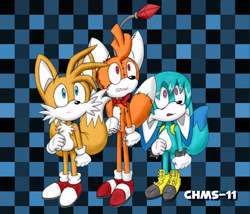 Size: 1920x1641 | Tagged: safe, artist:chms-11, kit the fennec, miles "tails" prower, tails doll, fox, 2022, abstract background, bowtie, checkered background, clenched fists, clenched teeth, fennec, frown, genderless, gloves, looking up, male, mouth open, shoes, socks, standing, stitches, trio