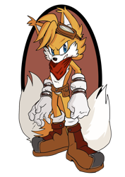 Size: 1280x1808 | Tagged: safe, artist:candicindy, miles "tails" prower, fox, 2019, abstract background, adult, angry, arm fluff, bandana, belt, boots, chest fluff, clenched fists, clenched teeth, ear fluff, frown, goggles on head, long gloves, looking at viewer, male, older, semi-transparent background, socks, solo, standing