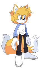 Size: 1500x2500 | Tagged: safe, artist:candicindy, skye prower, fox, 2019, blushing, clenched teeth, eyes clipping through hair, gloves, long-sleeved shirt, looking offscreen, male, pants, shoes, solo, standing, teenager, two tails