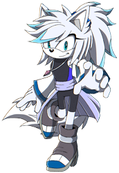 Size: 1089x1580 | Tagged: safe, artist:skcollabs, oc, oc:shira the arctic fox, fox, 2022, arctic fox, boots, ear fluff, female, gloves, looking at viewer, necklace, oc only, ponytail, reaching towards the viewer, shorts, simple background, smile, solo, standing on one leg, transparent background