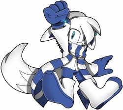 Size: 945x846 | Tagged: source needed, safe, artist:clodzillaa, oc, fox, arctic fox, beanie, blue eyes, boots, clenched fist, coat, floppy ears, gloves, hair over one eye, looking at viewer, male, mid-air, oc only, pants, scarf, simple background, smile, solo, uekawa style, white background