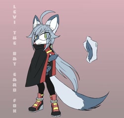 Size: 1024x976 | Tagged: safe, artist:lyrexios creator guardian, oc, oc:levi the bat eared fox, fox, 2020, alternate version, bat-eared fox, cape, english text, eyes clipping through hair, gradient background, green eyes, hand on hip, looking offscreen, male, oc only, shoes, smile, solo, standing