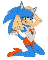 Size: 1896x2403 | Tagged: safe, artist:classicmariposazul, sonic the hedgehog, hedgehog, 2017, blushing, clenched teeth, femboy, hand on own head, heels, hooters outfit, kneeling, lidded eyes, male, shorts, simple background, smile, solo, tank top, transparent background