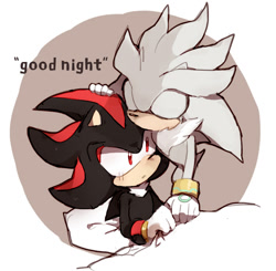 Size: 620x608 | Tagged: safe, artist:pinknuss, shadow the hedgehog, silver the hedgehog, hedgehog, 2016, abstract background, bed, blushing, cute, dialogue, duo, english text, eyes closed, gay, gloves, kiss on head, male, males only, mouth open, neck fluff, pillow, shadow x silver, shadowbetes, shipping, shocked, silvabetes, sitting, standing