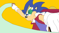 Size: 800x450 | Tagged: safe, artist:sonicthehedgesantos, sonic the hedgehog, hedgehog, 2012, arm up, card, cosplay, crossover, duel disk, duel gazer, flat colors, gloves, holding something, looking ahead, male, ms paint, simple background, smile, solo, yellow background, yu-gi-oh!, yu-gi-oh! zexal, yuma tsukumo