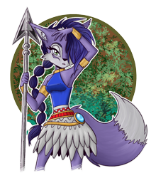 Size: 1200x1410 | Tagged: safe, artist:justmenikisan, lupe the wolf, wolf, abstract background, female, solo, spear, standing
