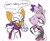 Size: 3756x3096 | Tagged: safe, artist:thenovika, blaze the cat, rouge the bat, blaze the flat, blushing, dialogue, duo, female, females only, outfit swap, simple background, sweatdrop, white background