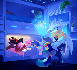 Size: 1280x1157 | Tagged: safe, artist:drawloverlala, amy rose, lara-su, miles "tails" prower, shadow the hedgehog, silver the hedgehog, sonic the hedgehog, abstract background, bed, group, sleeping
