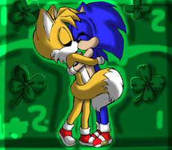 Size: 900x784 | Tagged: safe, artist:arcticcryptid, miles "tails" prower, sonic the hedgehog, 2010, abstract background, duo, eyes closed, four leaf clover, gay, holding each other, hugging, kiss, male, males only, shipping, sonic x tails, standing, wrapped in tails