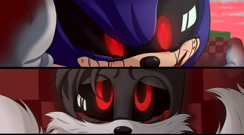 2706 - grotesque, artist:ryukii, oc, oc:tails.exe, fox, 2021, black sclera,  bleeding from eyes, blood, bone, gradient background, no outlines, red  eyes, signature, solo, two tails 