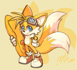 Size: 1250x1141 | Tagged: safe, artist:ginja_k_ninja, miles "tails" prower, 2022, abstract background, cute, extreme gear, goggles on head, hand on hip, holding something, looking at viewer, signature, smile, solo, sonic riders, standing, tailabetes