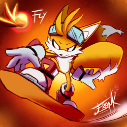 Size: 1400x1400 | Tagged: safe, artist:dash1426, miles "tails" prower, 2022, abstract background, extreme gear, frown, goggles, goggles on head, looking ahead, signature, solo, sonic riders