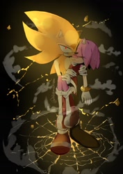 Size: 1240x1754 | Tagged: safe, artist:historiaallen, amy rose, sonic the hedgehog, super sonic, abstract background, carrying them, cracked glass, duo, red eyes, super form