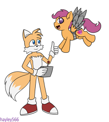Size: 2381x2665 | Tagged: safe, artist:hayley566, miles "tails" prower, crossover, duo, flying, my little pony, pegasus, pony, scootaloo