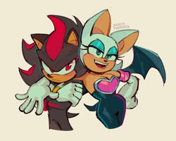 Size: 2000x1600 | Tagged: safe, artist:jencilthepencil, rouge the bat, shadow the hedgehog, arm around shoulders, duo, rouge's heart top, shadouge, shipping, straight