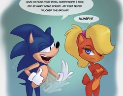Size: 941x738 | Tagged: safe, artist:shrewgirl, sally acorn, sonic the hedgehog, comic:sonic re-illustrated, abstract background, dialogue, duo, redraw
