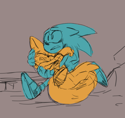 Size: 1700x1600 | Tagged: safe, artist:indigobeatss, miles "tails" prower, sonic the hedgehog, carrying them, duo, duo male, grey background, limited palette, running
