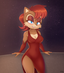 Size: 1814x2085 | Tagged: suggestive, artist:es74, sally acorn, abstract background, cleavage, dress, leaning back, nighttime, solo, star (sky)