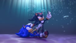 Size: 4096x2304 | Tagged: safe, sonic twitter, shadow the hedgehog, sonic the hedgehog, sonic prime, bubbles, duo, fighting, holding them back, holding them down, underwater