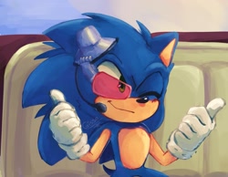 Size: 1889x1468 | Tagged: safe, artist:gissooo, sonic the hedgehog, looking offscreen, redraw, scouter, solo, sonic x, thumbs up, wink