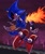Size: 1600x1900 | Tagged: safe, artist:momentusepooc, metal sonic, black sclera, cityscape, fire, flying, looking at viewer, looking back, looking back at viewer, nighttime, red eyes, solo