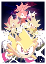 Size: 1005x1392 | Tagged: safe, artist:giugabs, blaze the cat, burning blaze, shadow the hedgehog, silver the hedgehog, sonic the hedgehog, super shadow, super sonic, group, super form, super silver