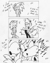 Size: 944x1200 | Tagged: safe, artist:sea salt, sonic the hedgehog, tangle the lemur, comic, dancing, dialogue, duo, looking at each other, musical notes, scratching head, singing, song lyrics, tail hold, tangle's running suit