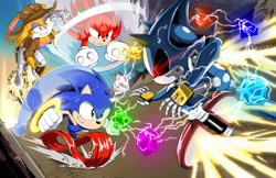 Size: 2782x1800 | Tagged: safe, artist:kojiro-brushard, bunnie rabbot, knuckles the echidna, metal sonic, sonic the hedgehog, chaos emerald, charging, daytime, group, ring