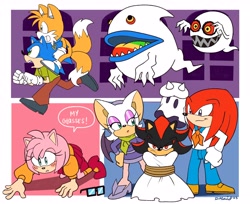 Size: 4096x3344 | Tagged: safe, artist:domestic maid, amy rose, boom boo, king boom boo, knuckles the echidna, miles "tails" prower, rouge the bat, shadow the hedgehog, sonic the hedgehog, crossover, ghost, group, scooby doo