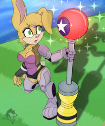 Size: 1067x1280 | Tagged: safe, artist:grinn3r, bunnie rabbot, checkpoint, from above, looking up, seaside hill, signature, solo, star post, surprised