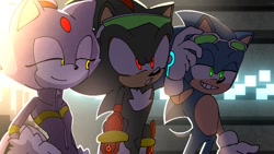 Size: 1024x576 | Tagged: safe, artist:sg_animates, blaze the cat, shadow the hedgehog, sonic the hedgehog, abstract background, riders outfit, sonic riders, trio