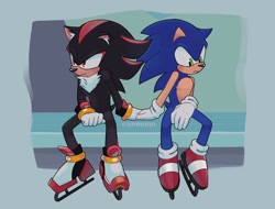 Size: 2048x1560 | Tagged: safe, artist:unmonn, shadow the hedgehog, sonic the hedgehog, abstract background, duo, gay, holding hands, ice skates, shadow x sonic, shipping, top surgery scars, trans male