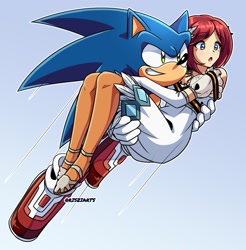 Size: 1007x1024 | Tagged: safe, artist:artsriszi, princess elise, sonic the hedgehog, sonic the hedgehog (2006), carrying them, duo, featured image