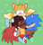 Size: 1288x1338 | Tagged: safe, artist:astrafortune, knuckles the echidna, maddie wachowski, miles "tails" prower, sonic the hedgehog, green background, group, heart, hugging, simple background