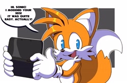 Size: 3690x2414 | Tagged: safe, artist:thenovika, miles "tails" prower, dialogue, looking at viewer, nintendo 3ds, solo, talking