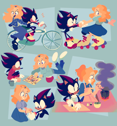 Size: 1898x2048 | Tagged: safe, artist:sonicmoment, maria robotnik, shadow the hedgehog, bicycle, board game, duo, inadvisable cooking, skating, sweater, vector art