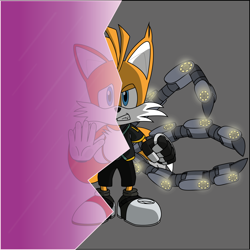 Size: 1920x1922 | Tagged: safe, artist:peerheer, miles "tails" prower, nine, sonic prime, 2022, abstract background, angry, clenched fist, clenched teeth, cracked glass, cyborg, ear fluff, glowing, hand on something, scared, solo, standing, two sides