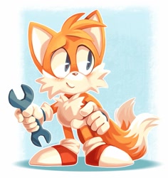 Size: 965x1024 | Tagged: safe, artist:splatterparrot, miles "tails" prower, 2019, abstract background, blushing, chibi, cute, gloves, holding something, looking offscreen, shoes, smile, socks, solo, standing, tailabetes, wrench