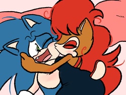 Size: 2048x1536 | Tagged: safe, artist:butterrrmoth, sally acorn, sonic the hedgehog, duo, kiss on cheek, shipping, sonally, straight