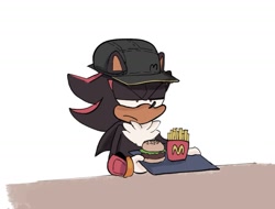 Size: 1459x1107 | Tagged: safe, artist:toruhiiyi, shadow the hedgehog, burger, fries, frown, holding something, lidded eyes, mcdonalds, simple background, solo, table, tray, white background